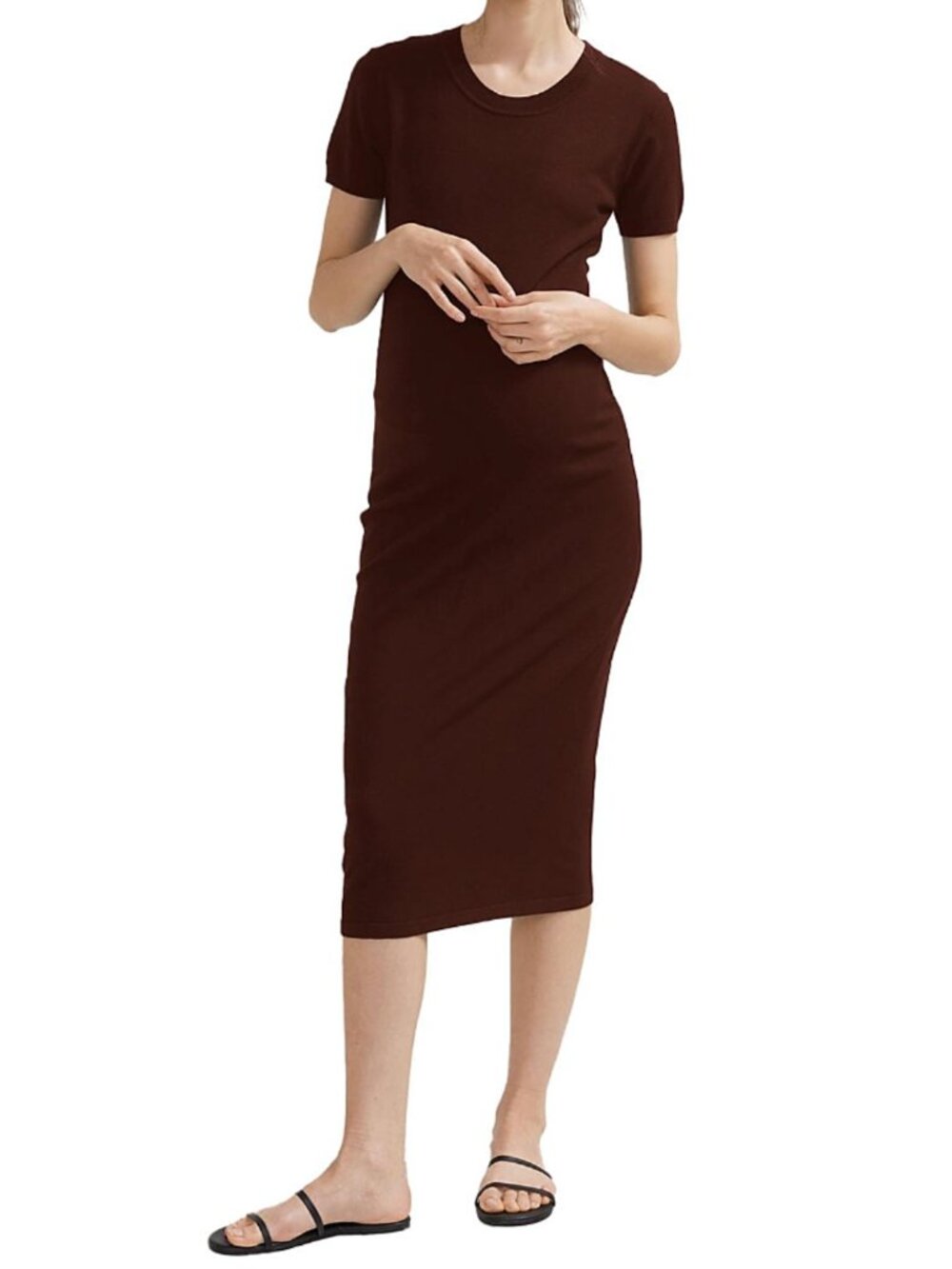 Hatch Ribbed Short-Sleeve Midi Dress in Dark Brown
